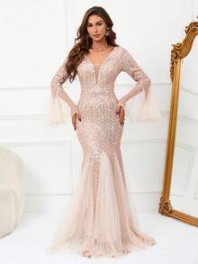 对比色网眼亮片舞会礼服优雅长袖正式晚会婚礼宾客礼服，适合毕业典礼、晚宴 - 金色 - 查看 4