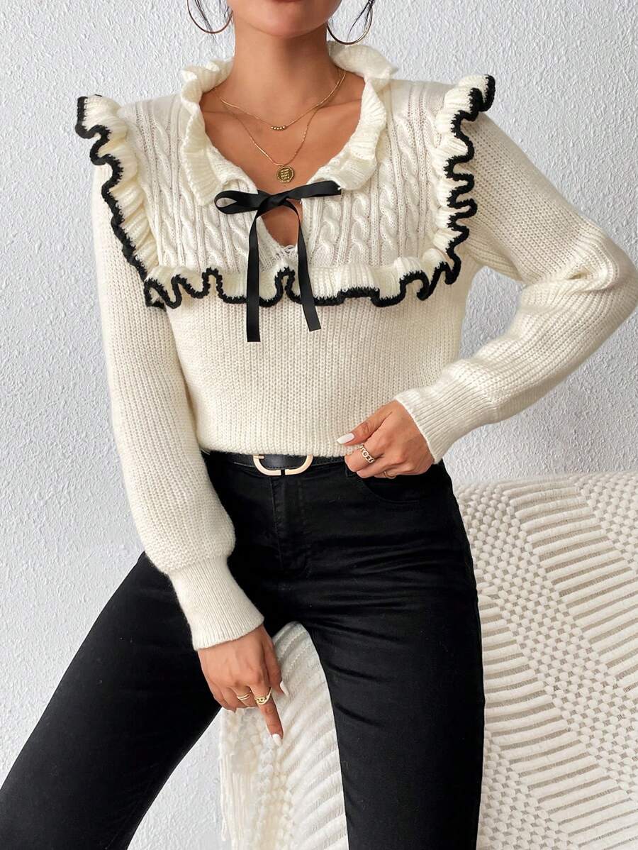 Pariaura 撞色荷叶边系带毛衣，长袖针织套头衫，秋冬毛衣 - 米色 - 查看 1