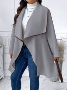 Celure Plus Waterfall Collar Contrast Binding Belted Overcoat - Grey - View 3