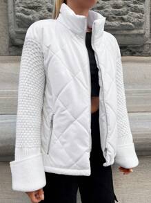 RueChic Drop Shoulder Zip Up Quilted Winter Coat - White - View 4