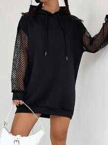 SHEIN Coolane 拼接漁網落肩袖抽繩連帽洋裝 - 黑色 - 查看 5