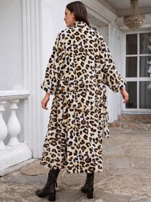 SHEIN Cottnline Leopard Print Open Front Belted Longline Coat - Beige - View 2