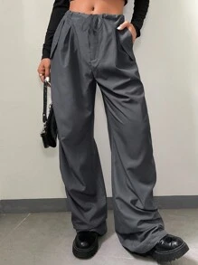 EURMUSE Solid Drawstring Waist Wide Leg Pants - Dark Grey - View 4