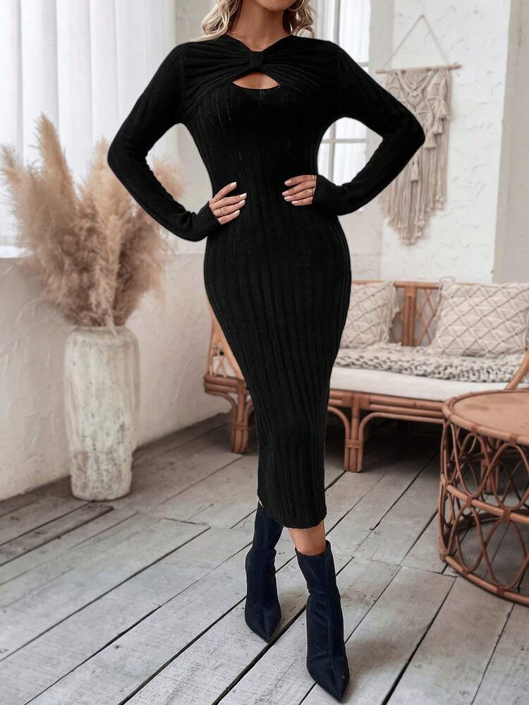 Ruched Twist Front Cut Out Sweater Dress