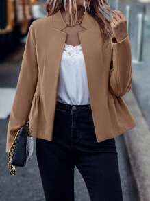 SHEIN LUNE 素色開門襟荷葉邊花呢外套 - 卡其色 - 查看 3