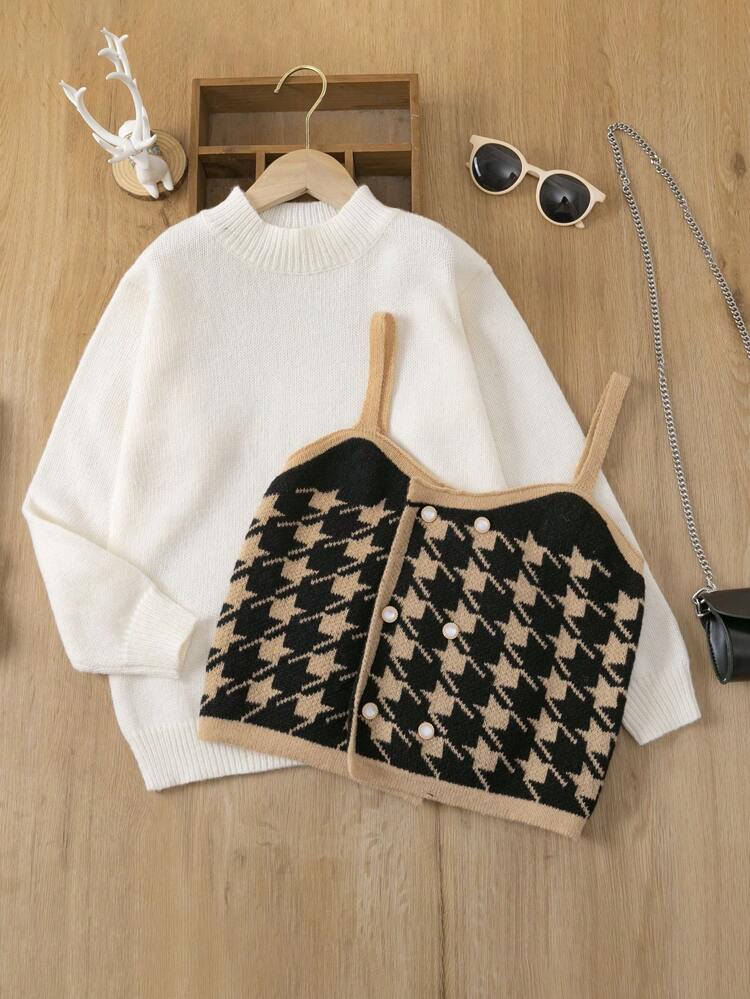 Tween Girl Houndstooth Pattern Button Front Cami Sweater Top & Mock Neck Sweater