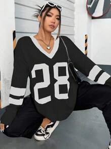 Flirla Hơn Đồ họa Chữ cái Thả vai Áo len - Nhiều màu - Xem 1