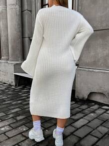 Flirla Plus Mock Neck Trumpet Sleeve Sweater Dress - White - View 2