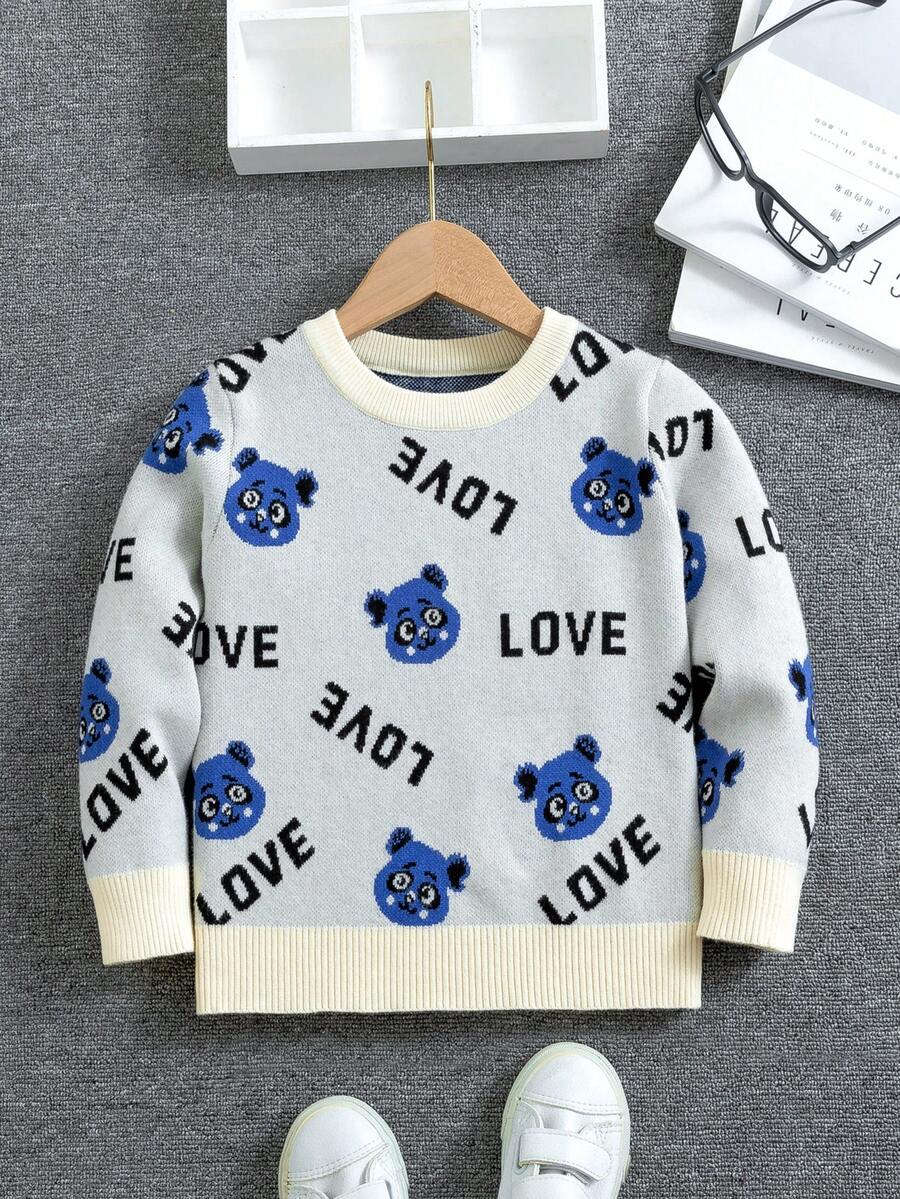 SHEIN Young Boy Bear & Letter Pattern Contrast Trim Sweater - White - View 1