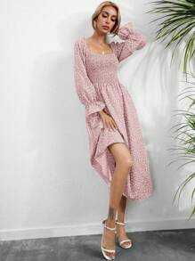 SHEIN VCAY 碎花方領荷葉袖洋裝 - 粉色 - 查看 4