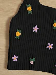 SHEIN Unity Floral Embroidery Ribbed Knit Crop Knit Top - Black - View 5