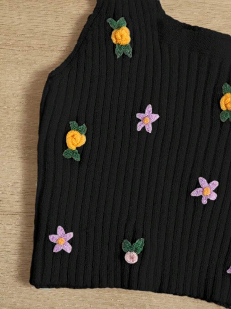 SHEIN Qutie Floral Embroidery Crop Knit Top | SHEIN USA