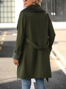 SHEIN Clasi Borg Collar Belted Overcoat - Army Green - View 2