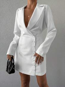 EURMUSE Solid Button Front Lapel Collar Single Breasted Blazer Dress - White - View 5