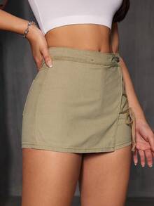 SHEIN ICON Lace Up Side Denim Skort - Green - View 5