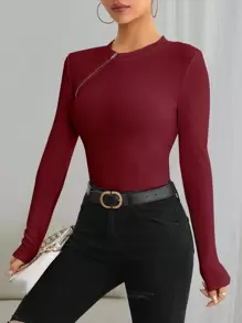 SHEIN Essnce 拉鏈細節條紋針織修身T恤 - 酒紅色 - 查看 6