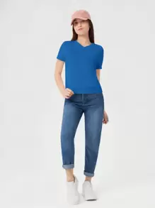 RueChic Teen Girl Solid V Neck Tee - Blue - View 5