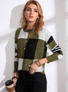 EMERY ROSE Cut And Sew Drop Shoulder Sweater,Long Sleeve Tops Knit Pullover Fall Winter Sweater - Army Green - View 5