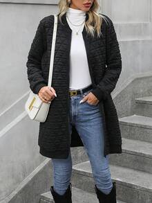 素色拉鏈開襟絎縫外套 - 黑色 - 查看 4