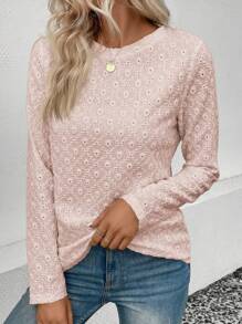 SHEIN LUNE Solid Eyelet Embroidery Tee Fall Cloth For Women - Pink - View 4