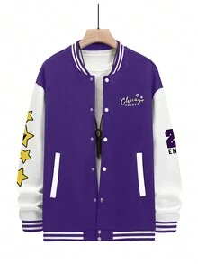 Aesthetic Post 男士字母圖案條紋飾邊落肩袖學院風夾克 - 彩色 - 查看 3