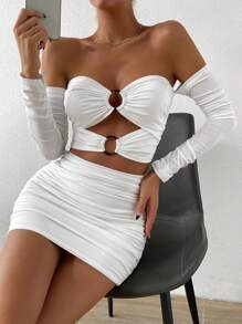 Allurite Vòng lệch vai liên kết Cut Out Crop Top & Váy Bodycon - trắng - Xem 1