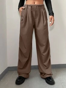 EURMUSE Solid Drawstring Waist Wide Leg Pants - Brown - View 2