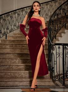 SHEIN Allurite 高衩絲絨抹胸洋裝帶袖子 - 酒紅色 - 查看 6