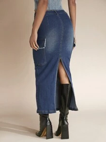 SHEIN BAE Jupe En Jean Ourlet Effiloché Poche À Rabat