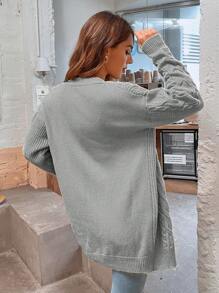 SHEIN LUNE 绞花针织落肩开衫 - 灰色 - 查看 2