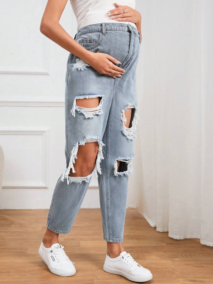 SHEIN Maternity Ripped Cut Out Tapered Jeans - Light Wash - View 1