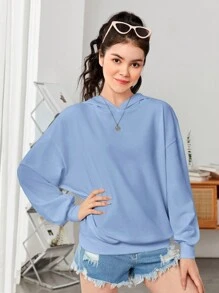 SHEIN Teen Girl Slogan Graphic Drop Shoulder Hoodie - Baby Blue - View 5