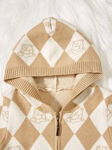 Baby Boy Argyle & Cartoon Pattern Hooded Cardigan Without Tee - Khaki - View 4