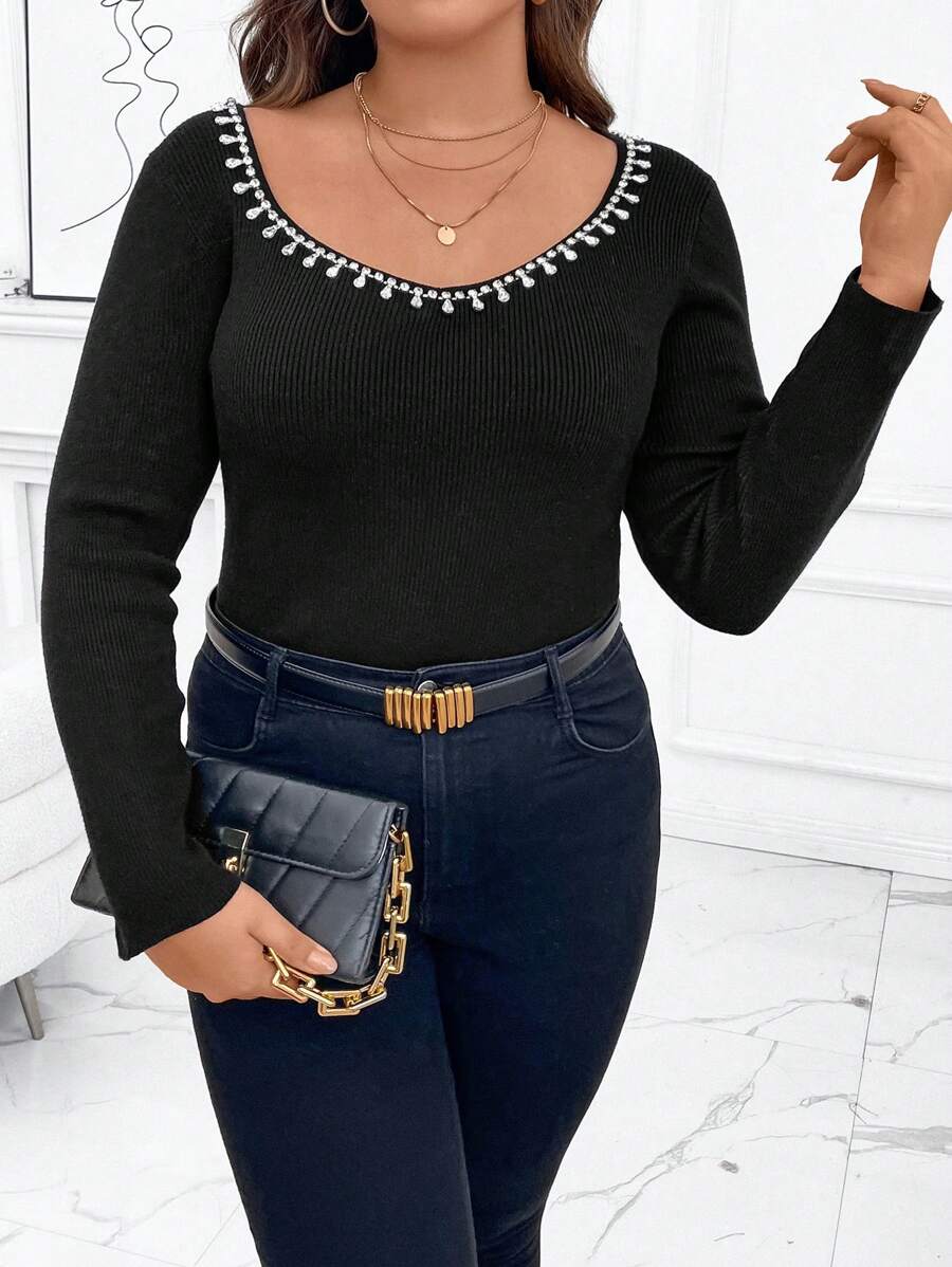 SHEIN Clasi Hơn Ngọc trai đính cườm Scoop Cổ Áo len - màu đen - Xem 1