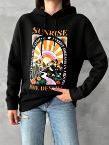 Slogan & Scenery Print Drop Shoulder Drawstring Hoodie