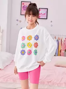 SHEIN 青少年女孩印花落肩袖套頭衫&騎行褲 - 西瓜粉 - 查看 3