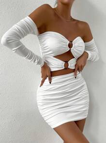Allurite Vòng lệch vai liên kết Cut Out Crop Top & Váy Bodycon - trắng - Xem 6