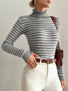 EURMUSE 高領條紋毛衣 - 灰色 - 查看 1