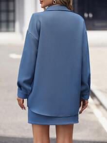 SHEIN Clasi Drop Shoulder Pocket Patched Shirt & Skirt - Blue - View 2