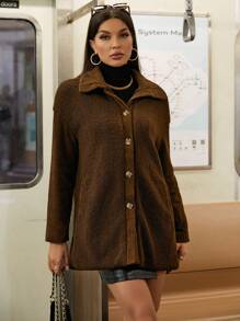 SHEIN Unity Drop Shoulder Button Front Teddy Coat Fall Cloth For Women - Chocolate Brown - View 6
