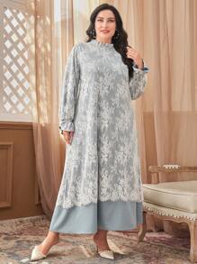 Mulvari Plus Flare Sleeve Eyelash Lace Overlay Dress