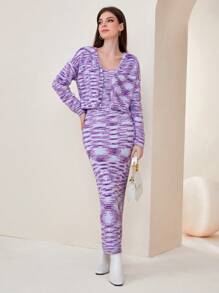 Seusyu 段染落肩开衫和毛衣连衣裙两件套 - 彩色 - 查看 3