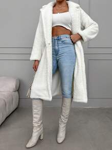 EURMUSE Lapel Neck Single Button Teddy Coat - White - View 5