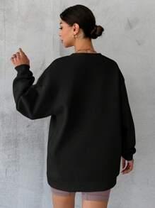 Cotton Solid Drop Shoulder Sweatshirt - Black - View 2