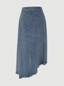SHEIN ICON Raw Hem Váy Denim - Rửa nhẹ - Xem 1