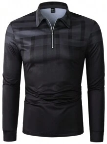 Manfinity 男士幾何印花1/4拉鍊POLO衫 - 黑色 - 查看 5