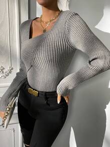 Chiquease 不对称领口罗纹针织套头衫 秋冬毛衣 - 灰色 - 查看 4