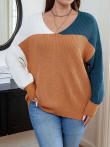 Calvaya 大碼撞色落肩袖套頭毛衣 - 彩色 - 查看 3