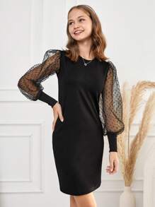 RueChic Teen Girl Dobby Mesh Lantern Sleeve Fitted Dress - Black - View 1