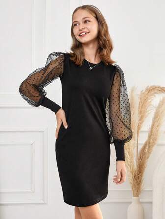 RueChic Teen Girl Dobby Mesh Lantern Sleeve Fitted Dress